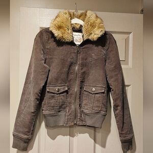 Hollister Brown Bomber Jacket with Faux Fur Collar
